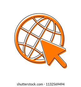 Globe and arrow icon. Isolated icon consisting of black thin contour and orange moved filling on different layers. White background