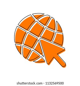 Globe and arrow icon. Isolated icon consisting of black thin contour and orange moved filling on different layers. White background