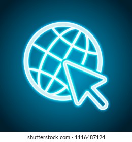 Globe and arrow icon. Neon style. Light decoration icon. Bright electric symbol