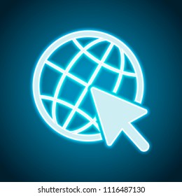 Globe and arrow icon. Neon style. Light decoration icon. Bright electric symbol