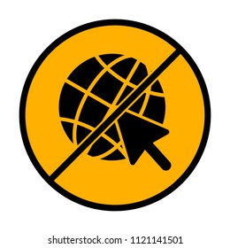 Globe and arrow icon. not allowed, black object in warning sign with orange background color