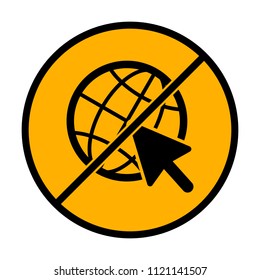Globe and arrow icon. not allowed, black object in warning sign with orange background color