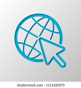 Globe and arrow icon. Paper design. Cutted symbol with shadow