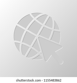 Globe and arrow icon. Paper design. Cutted symbol. Pitted style