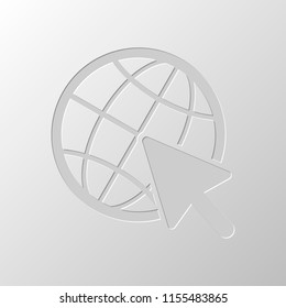 Globe and arrow icon. Paper design. Cutted symbol. Pitted style