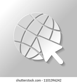 Globe and arrow icon. Paper style with shadow on gray background