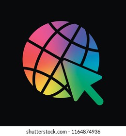 Globe and arrow icon. Rainbow color and dark background