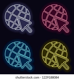 Globe and arrow icon. Set of neon sign. Casino style on dark background.