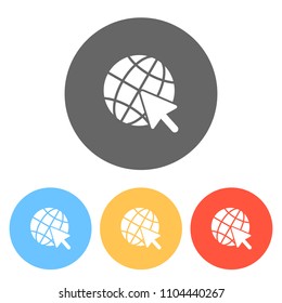 Globe and arrow icon. Set of white icons on colored circles