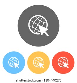 Globe and arrow icon. Set of white icons on colored circles