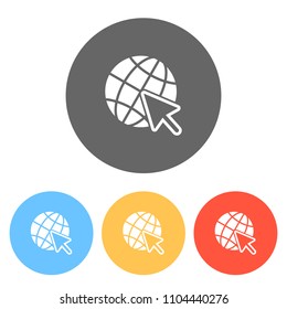 Globe and arrow icon. Set of white icons on colored circles