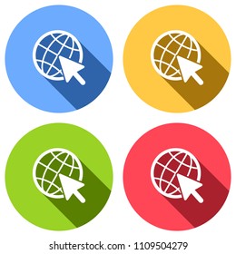 Globe and arrow icon. Set of white icons with long shadow on blue, orange, green and red colored circles. Sticker style