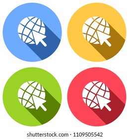 Globe and arrow icon. Set of white icons with long shadow on blue, orange, green and red colored circles. Sticker style