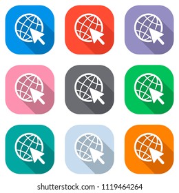 Globe and arrow icon. Set of white icons on colored squares for applications. Seamless and pattern for poster