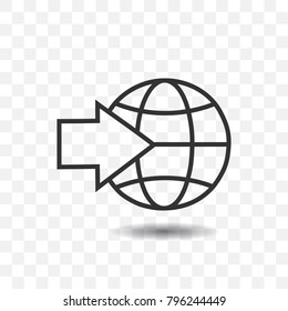 Globe and arrow icon with shadow on transparent background.
