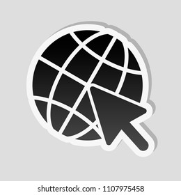 Globe and arrow icon. Sticker style with white border and simple shadow on gray background