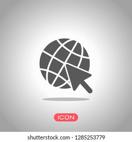 Globe and arrow icon. Icon under spotlight. Gray background