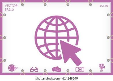 Globe and arrow icon vector illustration eps10. Isolated badge for website or app.