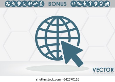 Globe and arrow icon vector illustration eps10. Isolated badge for website or app.