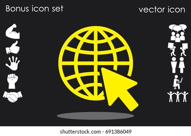 Globe and arrow icon vector illustration eps10. Isolated badge for website or app.