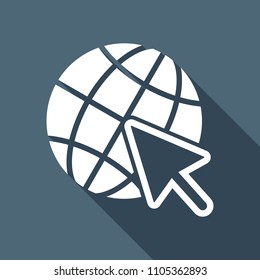 Globe and arrow icon. White flat icon with long shadow on background
