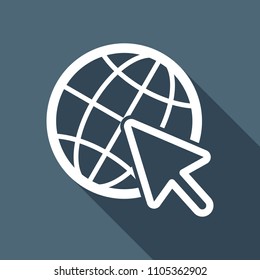 Globe and arrow icon. White flat icon with long shadow on background