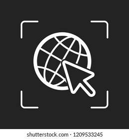 Globe and arrow icon. White object in camera autofocus on dark background