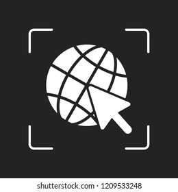Globe and arrow icon. White object in camera autofocus on dark background