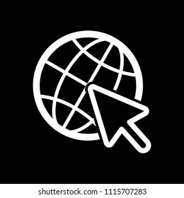 Globe and arrow icon. White icon on black background. Inversion