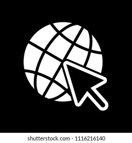 Globe and arrow icon. White icon on black background. Inversion
