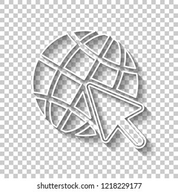 Globe and arrow icon. White outline sign with shadow on transparent background