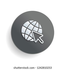 Globe and arrow icon. White paper symbol on gray round button or badge with shadow