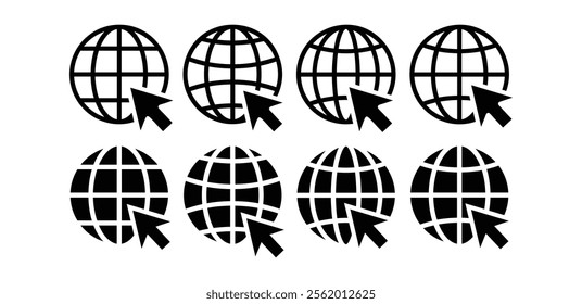 globe and arrow line website click icon vector design symbol sign outline and black filled illustration collection isolated