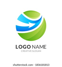 globe arrow logo, globe and arrow, combination logo with 3d blue and green color style