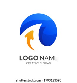 globe and arrow logo design, modern 3d logo style in gradient blue and yellow color