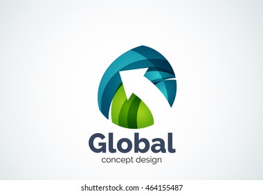 Globe con plantilla de logotipo de flecha, icono comercial elegante abstracto