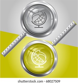 Globe and arrow. Vector magnifying glass.