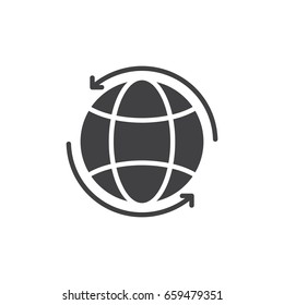 Globe with arrows around icon vector, filled flat sign, solid pictogram isolated on white. Worldwide symbol, logo illustration. Pixel perfect