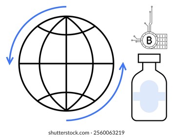 Globe with arrows around it, a small microchip symbol with Bitcoin sign, and a medicine vial represent global connectivity, digital economy, and healthcare. Ideal for technology, cryptocurrency