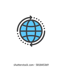 Globe with arrows around line icon, filled outline vector sign, linear colorful pictogram isolated on white. World wide shipping symbol, logo illustration
