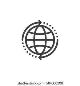 Globe with arrows around line icon, outline vector sign, linear style pictogram isolated on white. World wide shipping symbol, logo illustration