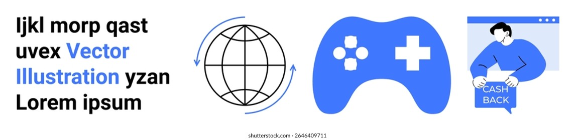 Globo com setas, controlador de jogos azul, pessoa segurando sinal cashback Ideal para tecnologia, educação, jogos, finanças, viagens, e-commerce, suporte ao cliente. Página inicial