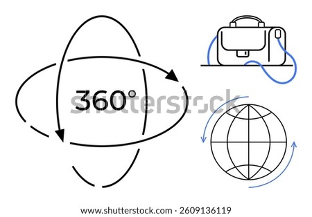 Globe with arrows, briefcase, and 360-degree symbol emphasizing worldwide business and innovation. Ideal for global strategy, corporate growth, universal access, comprehensive planning, worldwide