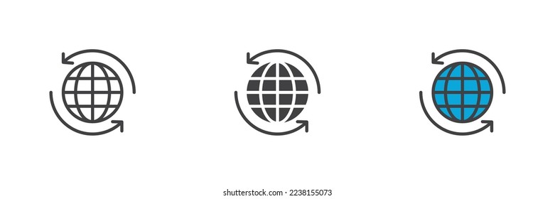 Globe und Pfeile setzen verschiedene Stilsymbole ein. Line, Glyph und gefüllte Umrissversion, globale Umrisslinie und ausgefülltes Vektorzeichen. Symbol, Logo-Abbildung. Vektorgrafik