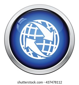 Globe with arrows icon. Glossy button design. Vector illustration.