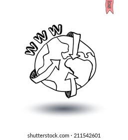  globe and arrows internet, Hand-drawn vector illustration.