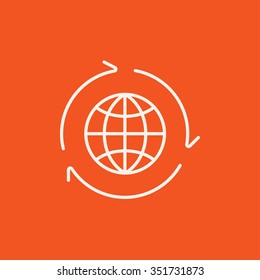 Globe with arrows line icon for web, mobile and infographics. Vector white icon isolated on red background.