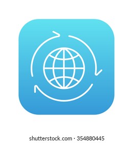 Globe with arrows line icon for web, mobile and infographics. Vector white icon on the blue gradient square with rounded corners isolated on white background.