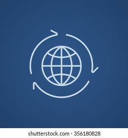 Globe with arrows line icon for web, mobile and infographics. Vector light blue icon isolated on blue background.