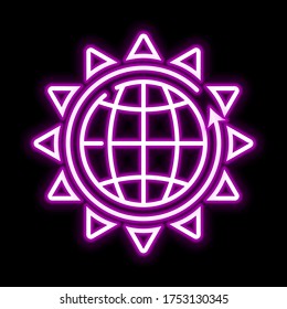 Globe con flechas línea rosa brillante neón ui ux icono. Vector de logotipo de signo brillante